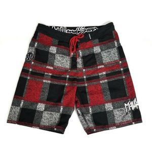 Maui‎ and Sons Mens 34 Red Black Grey Plaid Boardshorts Surf Wake Swim Beach